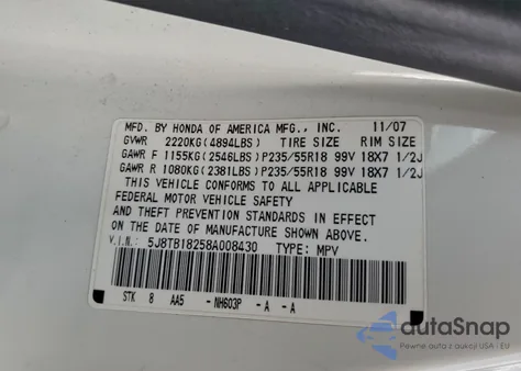 2008 Acura Rdx из США, поврежденный, VIN 5J8TB18258A008430